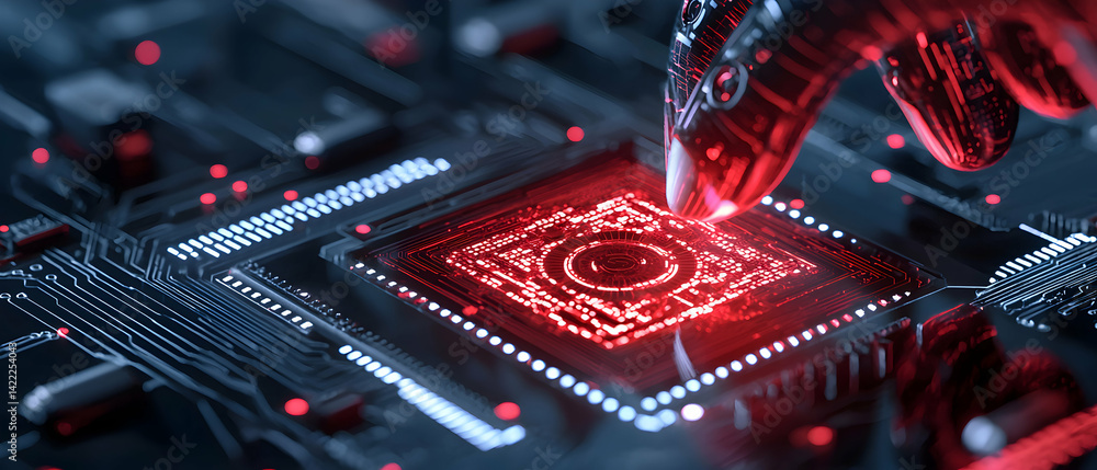 Poster a futuristic image showcasing a robotic hand interacting with a glowing circuit board. ideal for tec