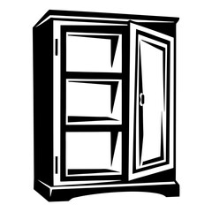 Stylized illustration of an open shelf cabinet in black and white