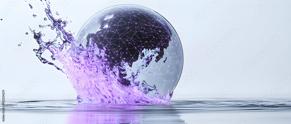 Poster a digital world concept featuring a globe with interconnected lines submerged in purple water creati