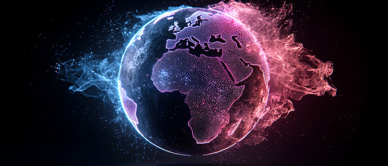 Digital Earth glowing with neon highlights. A futuristic representation of global connections suitable for tech presentations or science fiction themes.