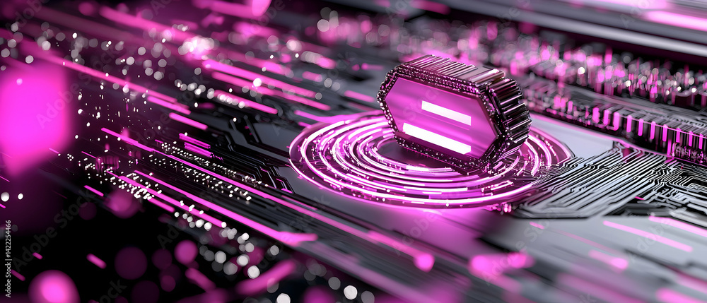 Poster a futuristic image featuring a glowing pink circuit board with a central processor. suitable for tec