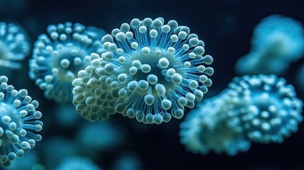 Obraz premium Microscopic world teal virus with spiky projections against a dark background