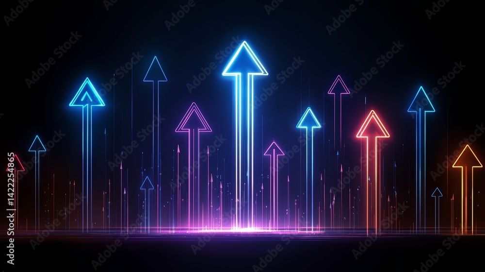Fototapete series of neon arrows pointing upwards in a dark background. the arrows are in different colors and 