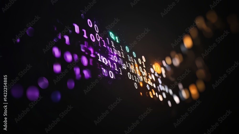Fototapete Series of numbers and letters are displayed in a purple and orange color scheme. Concept of technology and complexity, with the numbers and letters appearing to be floating in the air