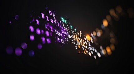Series of numbers and letters are displayed in a purple and orange color scheme. Concept of technology and complexity, with the numbers and letters appearing to be floating in the air