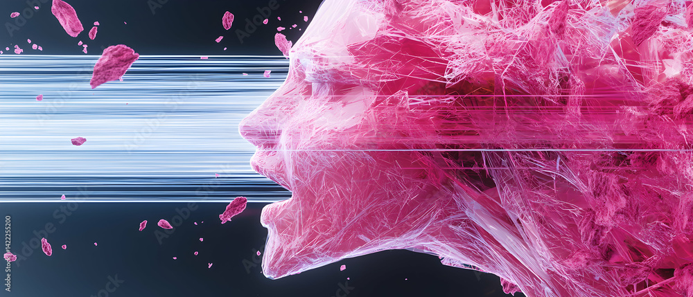 Aufkleber abstract art of a face sculpted from pink material with motion lines and floating fragments. ideal f