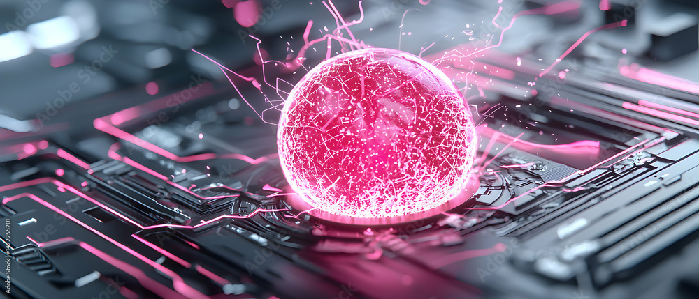Poster a futuristic digital scene shows a glowing sphere with energy lines on a circuit board. ideal for te