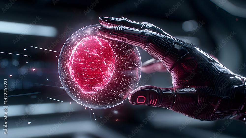 Poster a robotic hand gently holds a glowing sphere. this sci-fi image suggests advanced technology like da