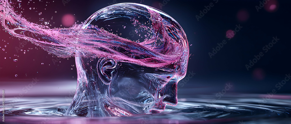 Poster a translucent head emerges from water. pink flowing strands add a dynamic contrast. suggests thought