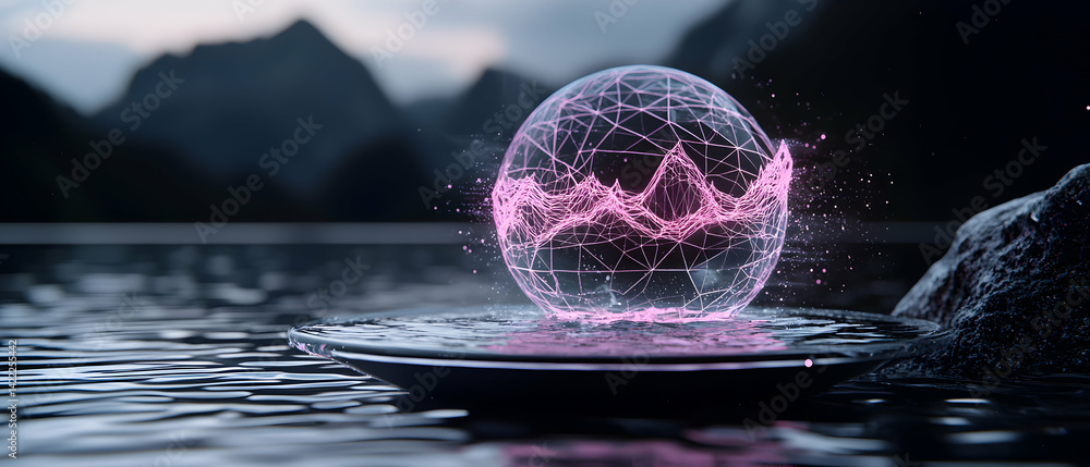 Poster a futuristic image of a glowing orb on water representing data visualization or digital technology. 