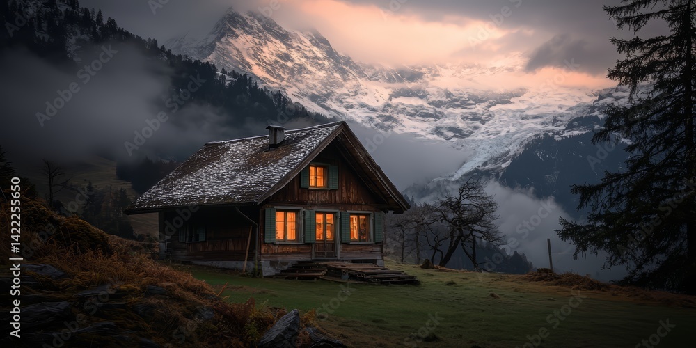 Poster small cabin is nestled in the mountains, with a view of snow-covered peaks in the distance. the cabi