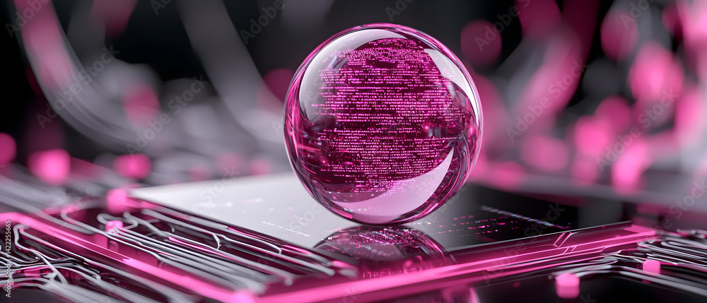 Poster a futuristic image of a data sphere hovering over a circuit board rendered in shades of pink. great 