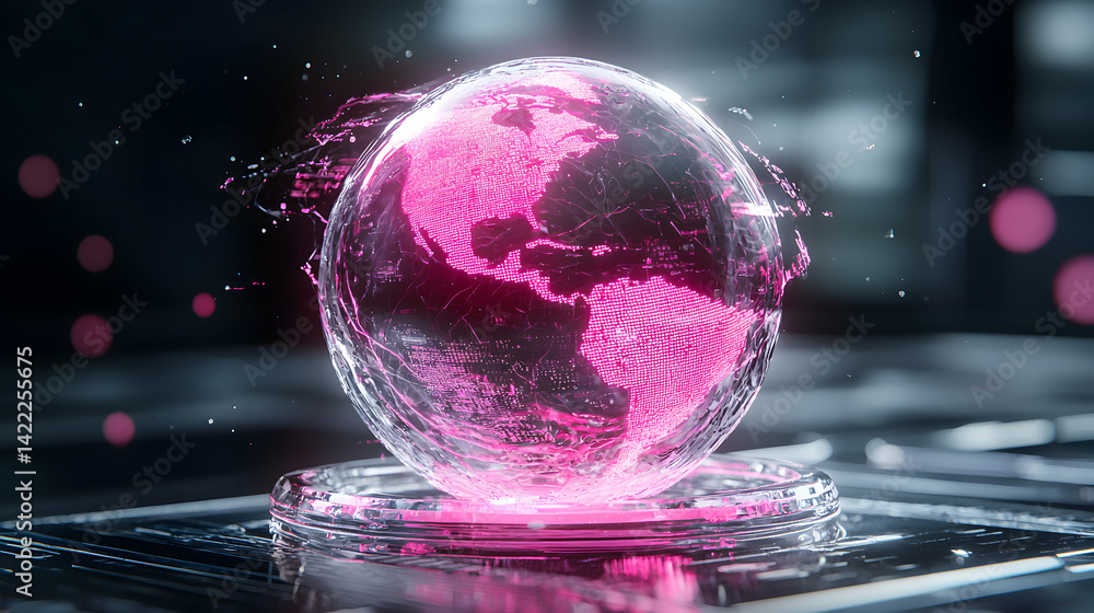 Poster a futuristic image depicting a glowing pink globe representing global data. suggests technology inno