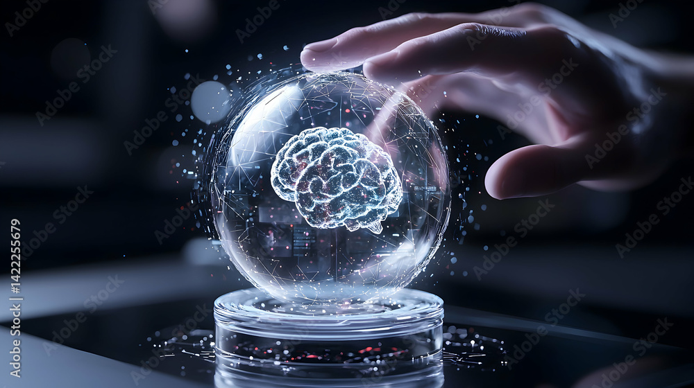 Poster a futuristic digital brain concept enclosed in a sphere. it's touching a hand suggesting the potenti