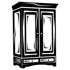 Stylized Black and White Illustration of a Vintage Wardrobe with Drawers
