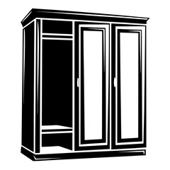 Monochrome illustration of a large threedoor wardrobe for clothing storage