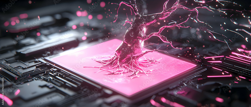 Poster a futuristic image of a tree-like structure growing on a computer chip. suggests technological growt