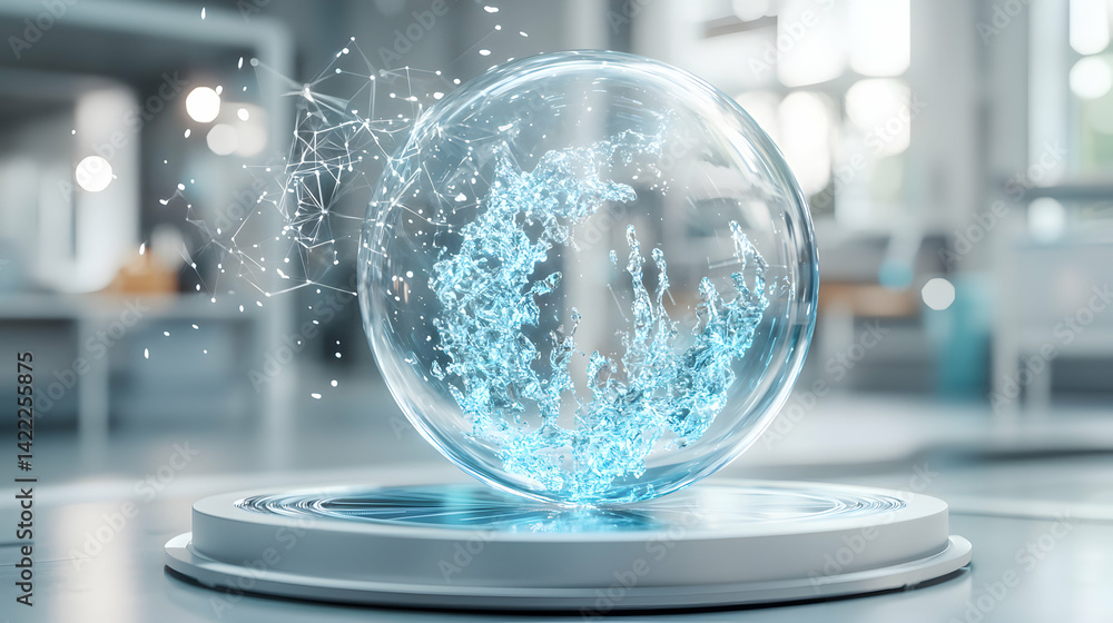 Poster a glowing orb displays a water-like formation surrounded by a digital network. this image could sugg