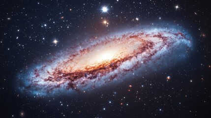 Fototapeta premium Spiral galaxy with a bright star in the center. The galaxy is filled with stars and is surrounded by a dark blue background