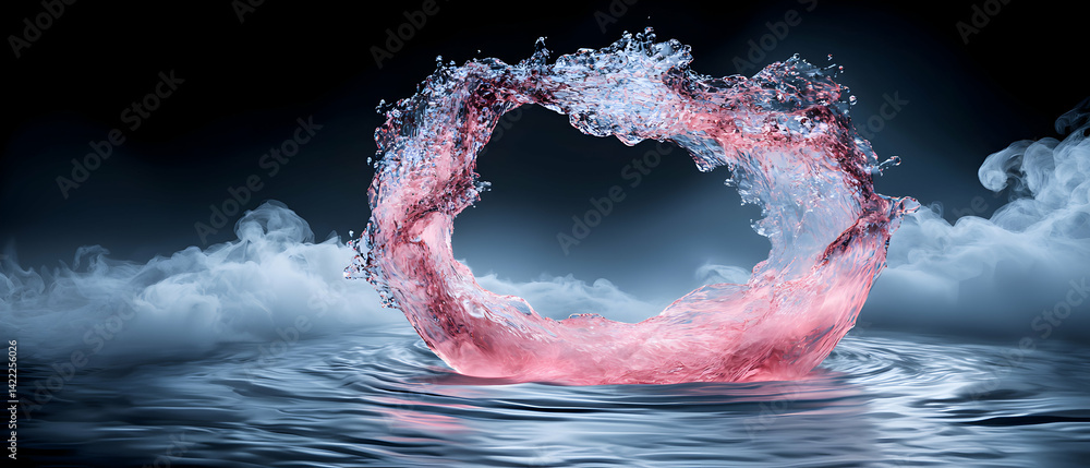 Poster an abstract image featuring water splashing in a circular shape. it suggests movement fluidity and b