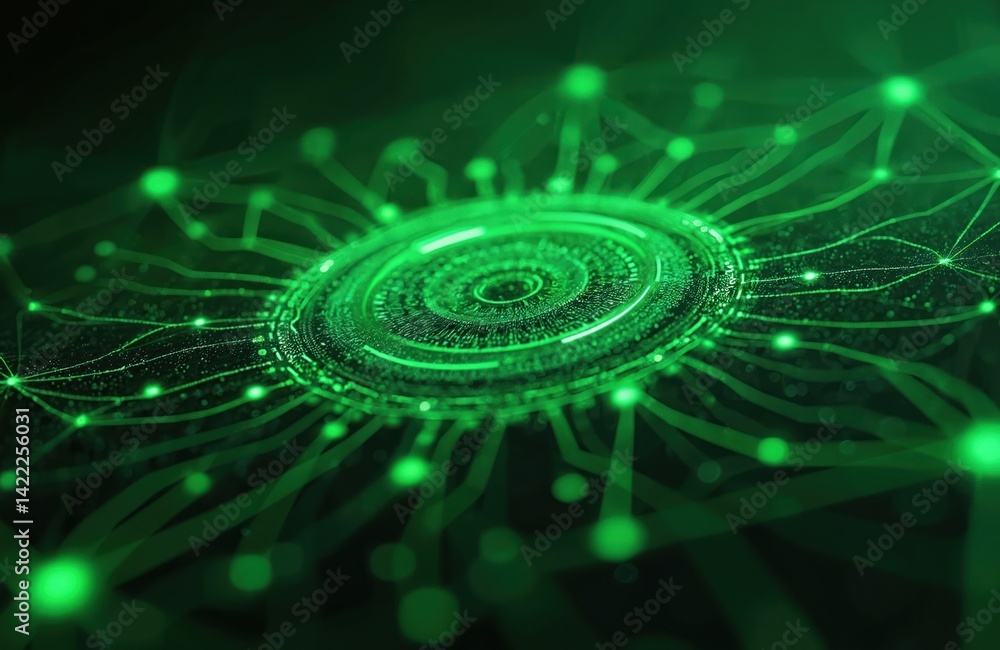 Poster abstract futuristic tech interface. green lines, circles and dots connect. modern design represents 