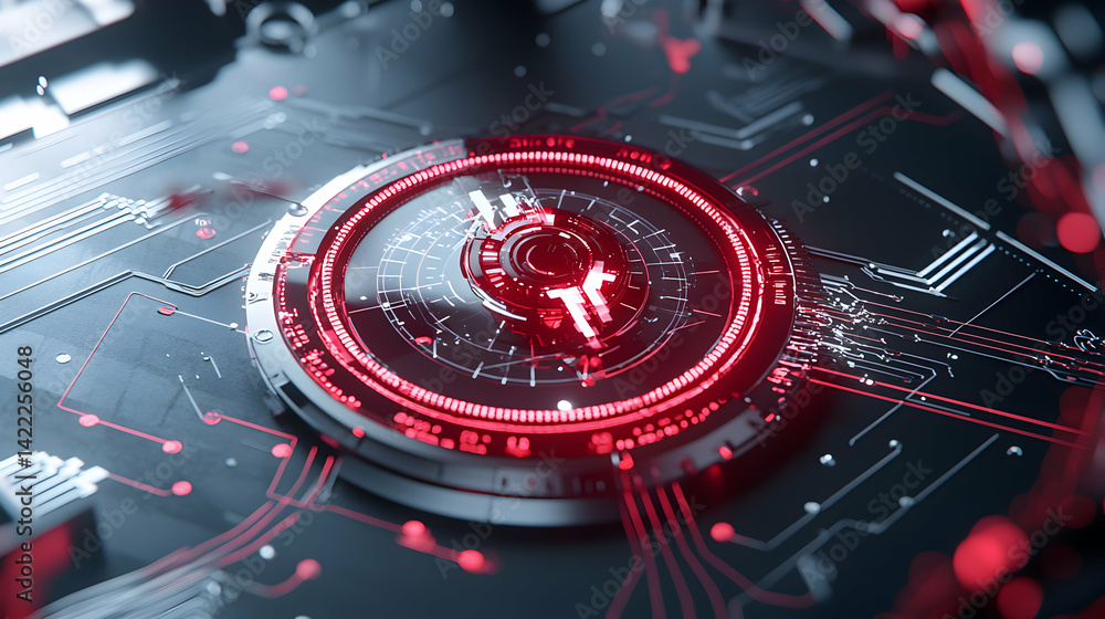Poster futuristic circuit board design with glowing red accents. ideal for tech presentations scientific re