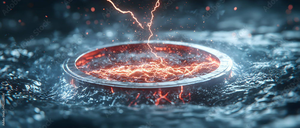 Poster a mysterious circular portal glows with energy in churning water. it could be an entryway to another