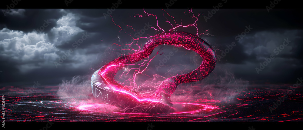Aufkleber an abstract digital entity shaped like a ring pulses with energy amidst a stormy sky suggesting an a
