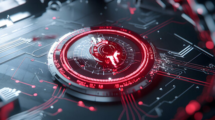Futuristic circuit board design with glowing red accents. Ideal for tech presentations scientific reports or sci-fi game backgrounds. A visually striking design.