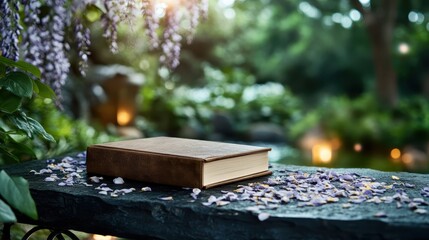 A stylish leather-bound book placed thoughtfully on a rustic table, surrounded by fallen petals, evoking a sense of sophistication and intrigue in nature's beauty.