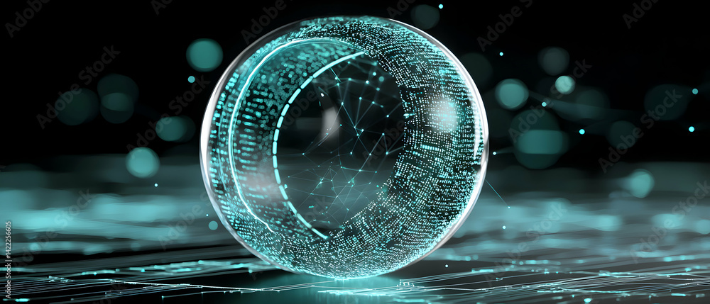 Poster abstract digital sphere featuring interconnected nodes. ideal for tech presentations or futuristic d