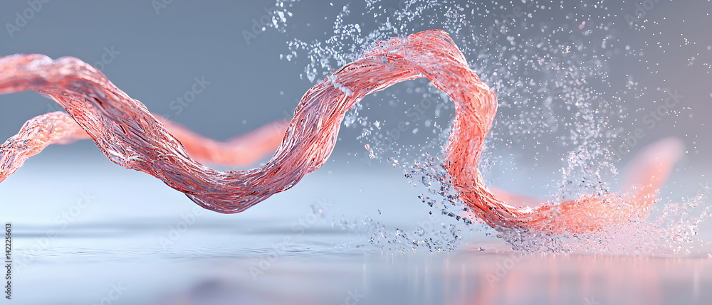 Poster an abstract image of a red flowing structure interacting with water. ideal for use in marketing or c