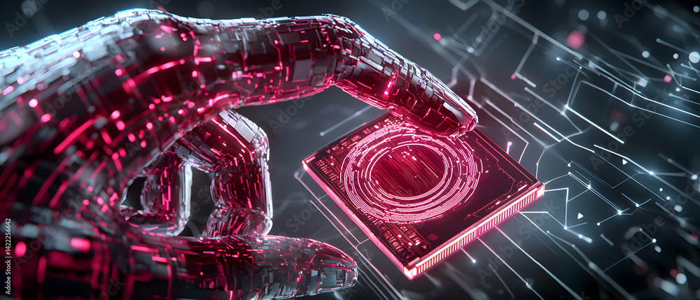 Aufkleber a futuristic robotic hand interacts with a glowing circuit board representing artificial intelligenc