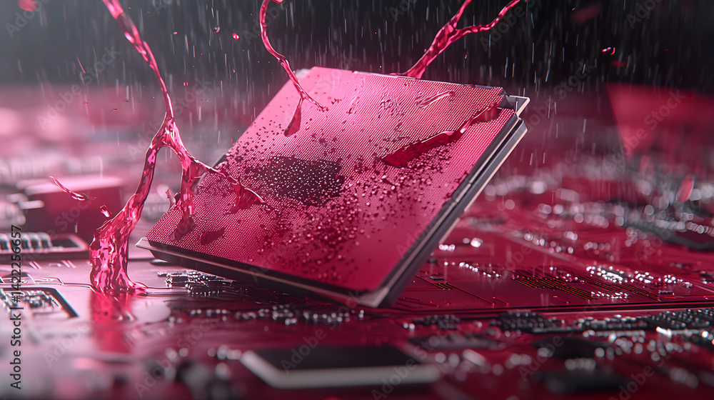 Aufkleber a conceptual image showing a cpu being doused with pink liquid on a red circuit board. ideal for tec