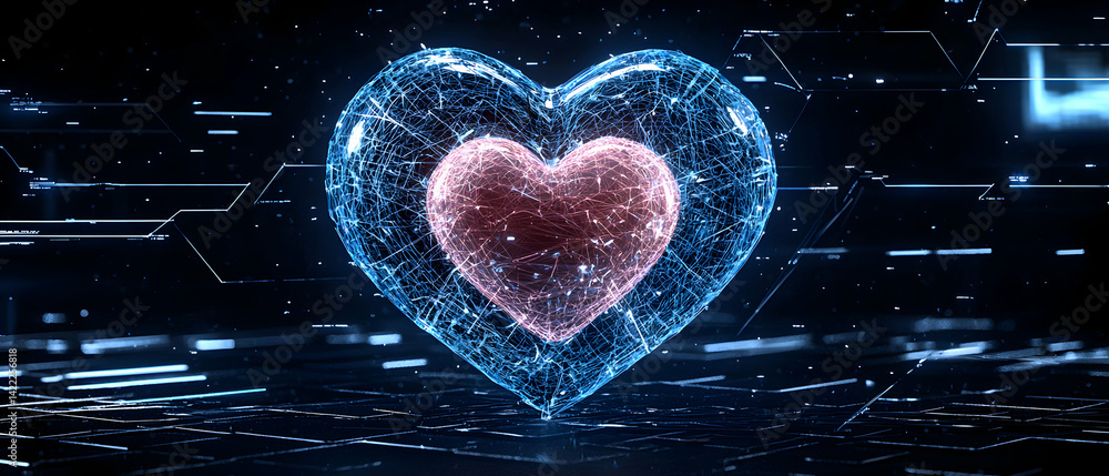 Poster a digital heart with a cybernetic feel representing data and connectivity. great for technology medi