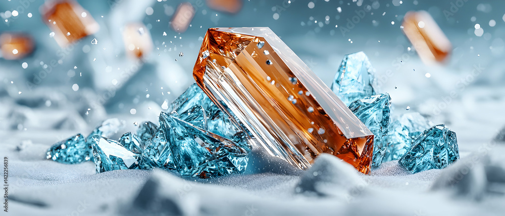 Poster abstract crystal artwork with a warm glowing central gem. use this image to create eye-catching webs