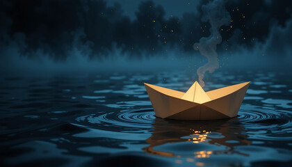 Fototapeta premium Paper boat glows softly on calm water with misty background at twilight