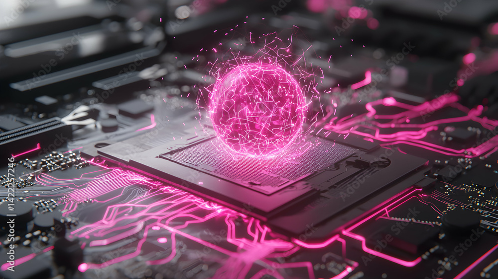 Poster futuristic computer hardware concept featuring a glowing pink energy sphere above a processor repres