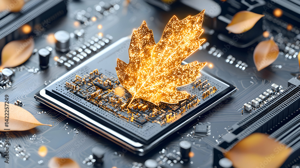 Poster a digital artwork features a glowing maple leaf atop a circuit board merging nature and technology s