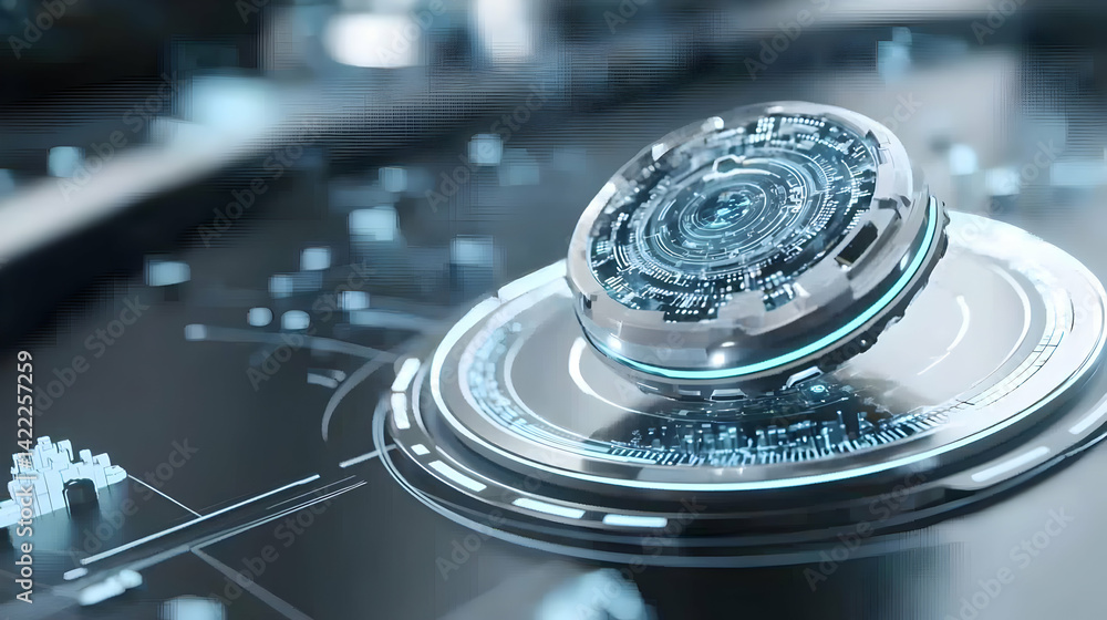 Aufkleber futuristic tech concept showcasing a circular device with intricate circuits. suggests advanced tech