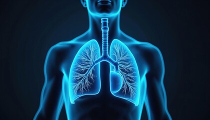 Illustration human lungs with glowing blue outline against dark background. Respiratory health anatomy. Medical research concept. Clear visual of lungs, trachea, airways for scientific educational