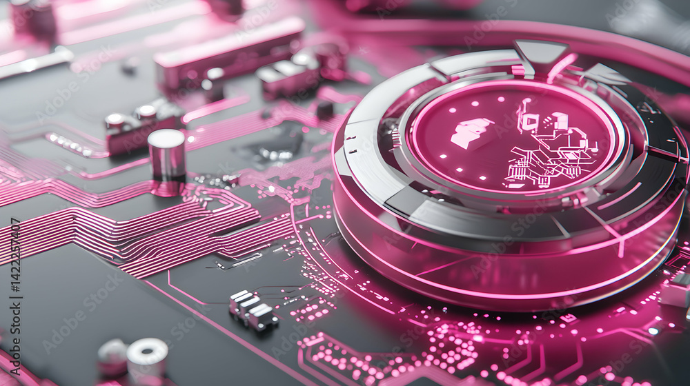 Aufkleber this image showcases a high-tech circuit board with glowing pink pathways and components. it suggest