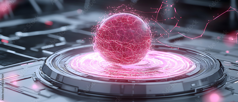 Poster a futuristic scene with a glowing energy sphere. it is probably a core reactor and may be an advance