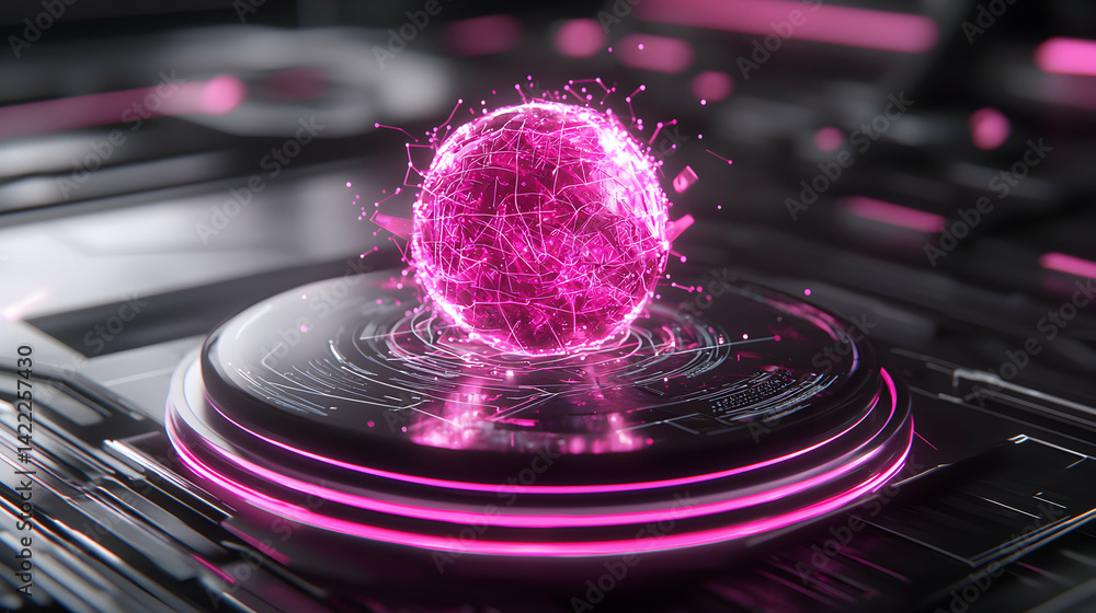 Aufkleber a futuristic digital sphere glows pink floating above a platform. suggests data processing or energy