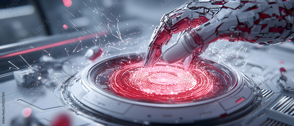 Aufkleber a futuristic robotic hand interacting with a glowing red energy source. this could be used for scien
