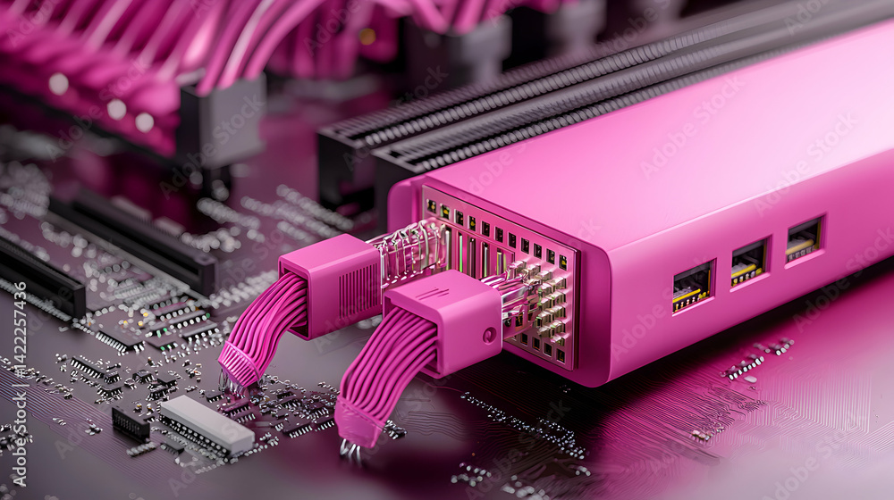 Poster a vibrant close-up showcases pink electronic components likely related to data transfer or networkin