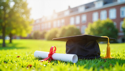 Graduation cap and diploma resting on grass in sunny campus