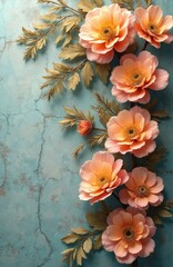 Floral illustration with soft peach flowers on textured turquoise background. Delicate botanical artwork for home decor, wall art, interior design. Nature-inspired aesthetic for serene atmosphere.