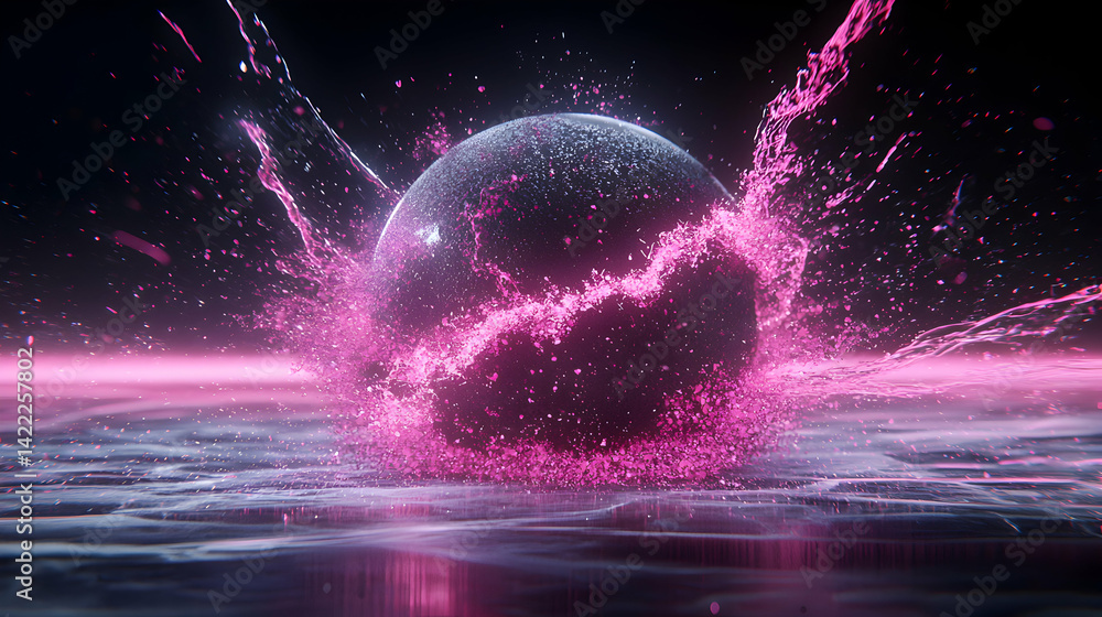 Poster a dark sphere explodes with vibrant pink particles. this dramatic image could be used for futuristic
