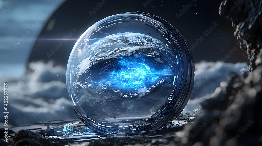 Aufkleber a futuristic scene features a glowing orb with a planet inside encased in a circular structure. it w